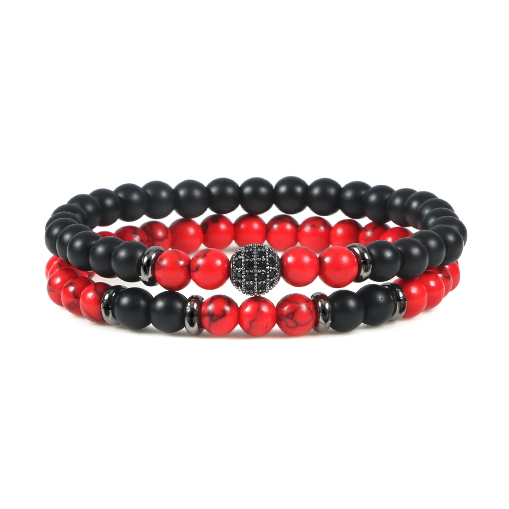 2PCS/Set Men Bracelet Fashion Micro Pave Disco Ball Natural Stone Beaded Bracelets Bangles Charm Couple Jewelry Gift for Women