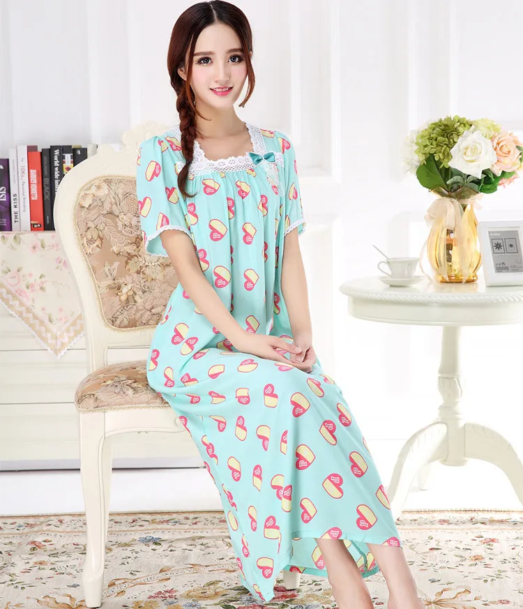 Summer Female Short-Sleeved Lovely 100% Cotton Korean Version Fresh Princess Long Sleepwear Nightgown Homewear Large Size