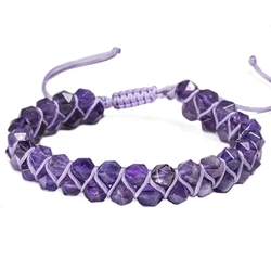 Friendship 6mm Natural Purple Amethyst Faceted Stone Wrap Bracelets Women Braided Yoga Bangle Bohemian Hand-woven Jewellery