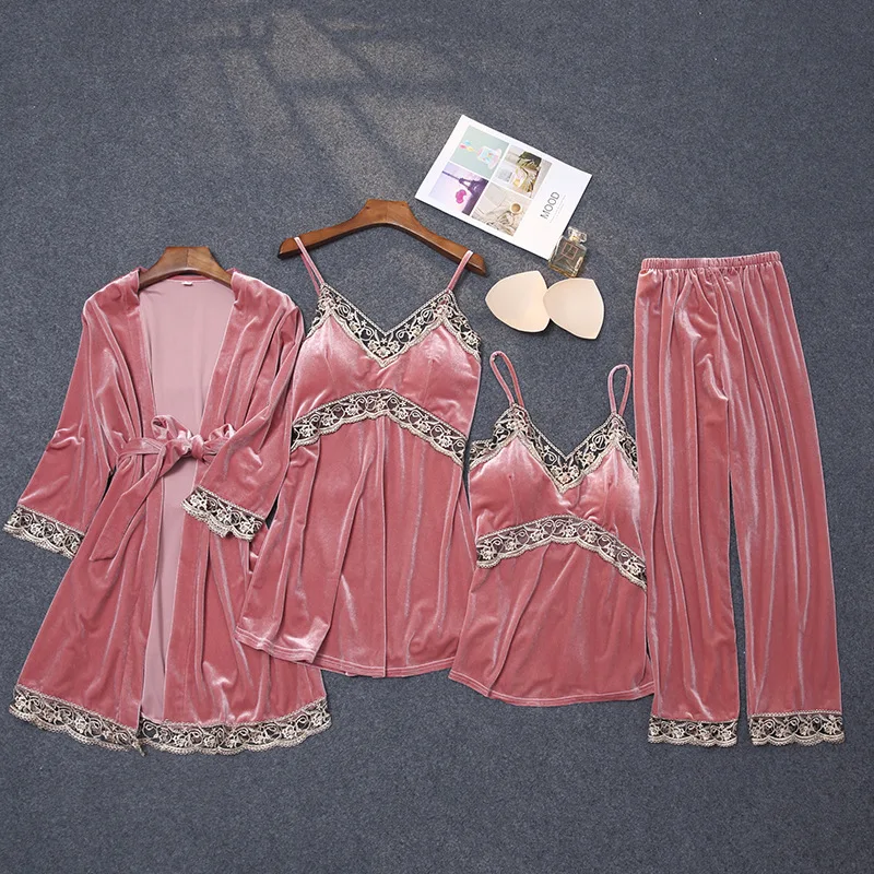 4 pieces Lace Velvet Pajamas Sets Women Warm Pyjamas Sleepwear Robe Pants Winter Pijamas Bathrobe Sexy Lingerie Autumn Pyjamas