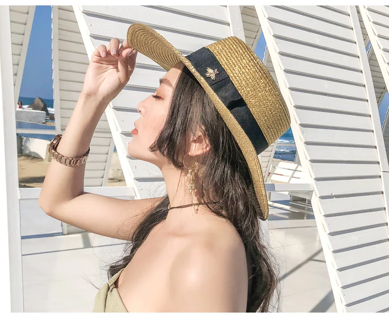 Sun Hats Small Bee Straw Hat European and American Retro Gold Braided Hat Female Loose Sunscreen Sunshade Flat Cap Visors Hats