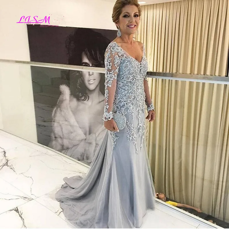 Silver Mother Of The Bride Dresses Mermaid V-neck Long Sleeves Tulle Appliques Beaded Formal Gowns Long Mother Dress For Wedding