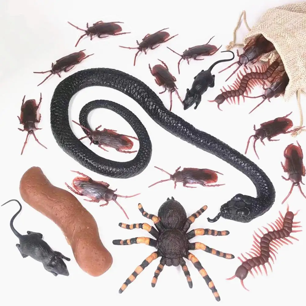 Juego de juguetes de broma de día de brujas para niños, cucaracha falsa de serpiente simulada, ratón realista, falsa caca, suministros para fiestas