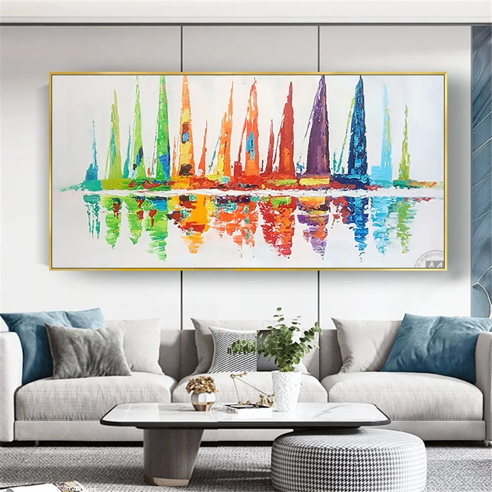 

Modern Hand-Painted Colorful Sailboat Oil Painting On Canvas Picture The Mediterranean Wall Art Poster For Home Room Decor Gift