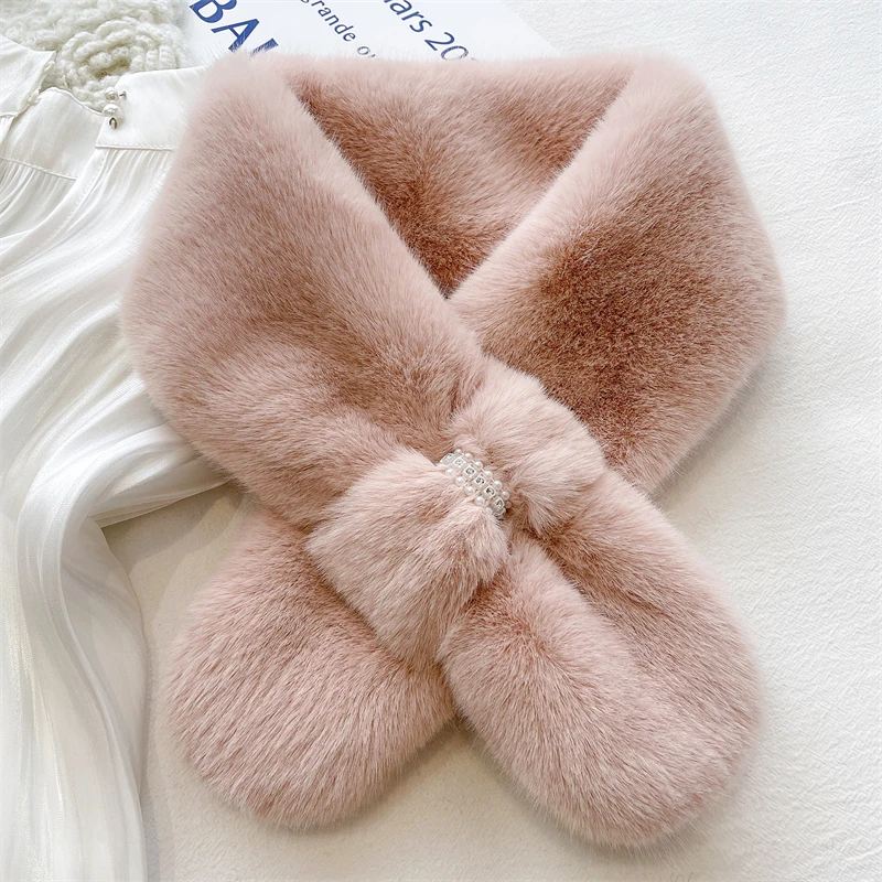 Fashion Solid Color Bow Pearl Diamond Plush Scarf Woman\'s Winter Outdoor Neck Guard Rabbit Fur Collar Knit Thick warm Shawl T42