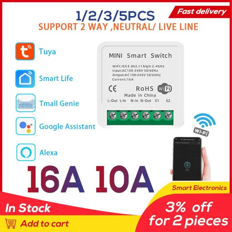 

5PCS 16A /10A Mini Tuya WiFi Switch Led Light Smart Life push Module Supports 2 Way APP Voice Relay Timer Google Home Alexa