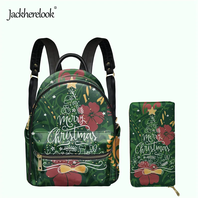 

Jackherelook Christmas Tree Hibiscus Design Women's Backpack Girls Mini Schoolbag Female Satchel Card Holders Clutch Wallet Set