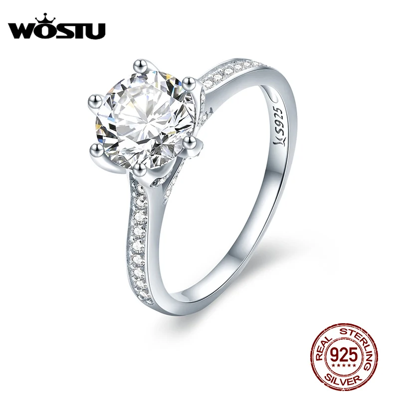 WOSTU 925 Sterling Silver 3 Carat AAAAA Round CZ Finger Ring for Women Luxury Wedding Anniversary Engagement Jewelry Gift CQR342