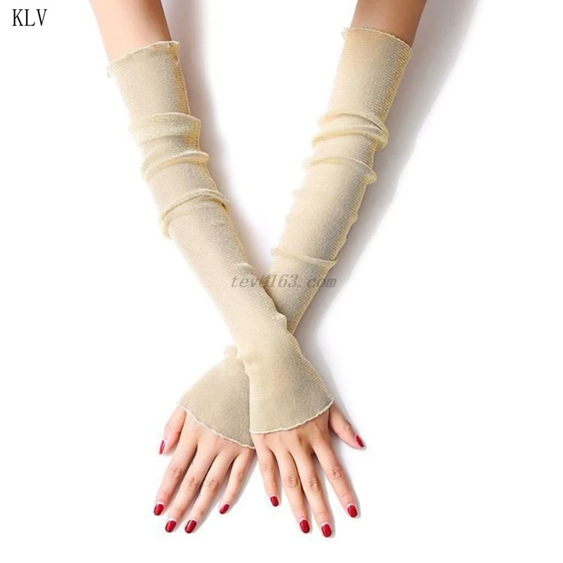 Women Girls Ultra-Thin Sheer Glitter Mesh Long Lace Gloves Metallic Shimmer UV Protection Arm Sleeves Ruffles Trim Driving Prote