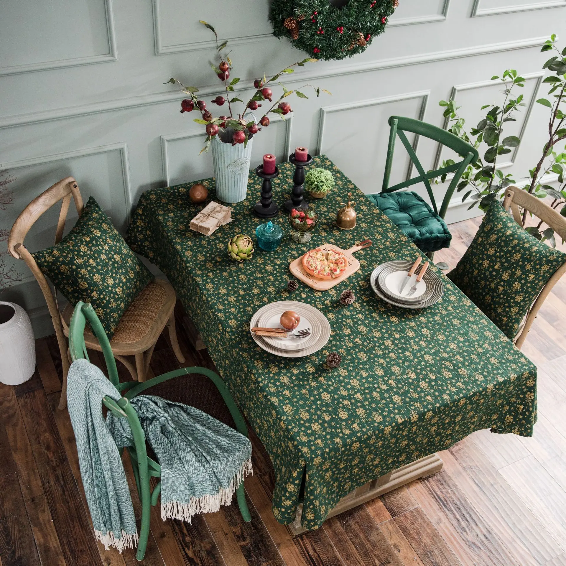 Green Bronzing Tablecloth with Christmas Pattern, Cloth, Pillowcase, Wedding Decoration, Banquet Table Cover, New Year