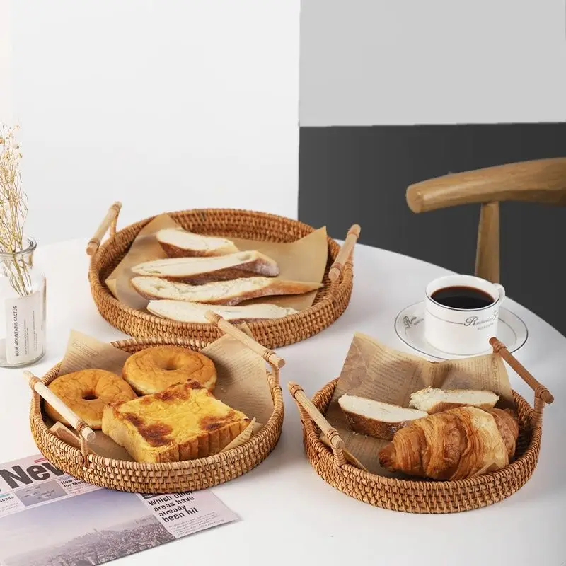 Rattan round storage basket Weave Storage Baskets Desktop Organizers Vegetable Fruit Snacks Dried Dessert Holder For Living Room