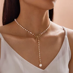 Vintage Beaded Choker Romantic Bow Imitation Pearl Pendant Collar Chain Necklace For Women Girl Jewelry Gifts 2024