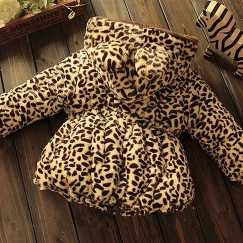 Winter full sleeve Leopard faux fox fur collar Children Girls coat Jacket Baby Girl Outerwear Hooded Infant Clothing Thick Warm