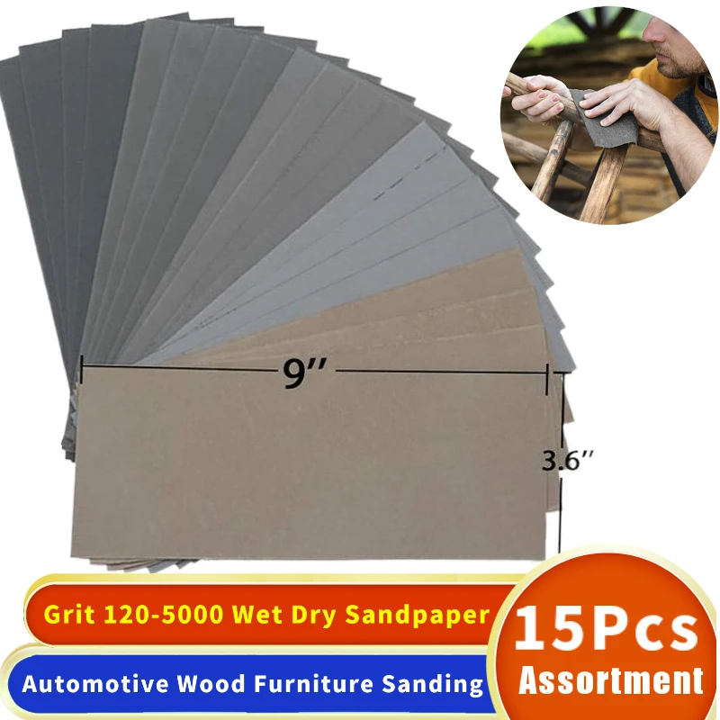 15Pcs Wet Dry Sandpaper  Grit 120-5000 Assortment Abrasive Paper Sheets For Automotive Sanding Wood Furniture Finishing 23*9 CM