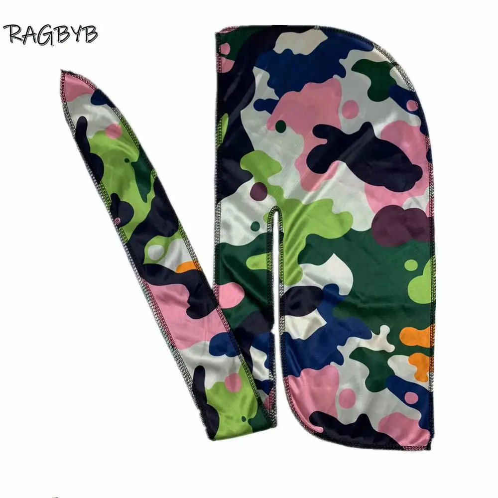 New Camo Print Silk Durag Bandanas for Men Silky Durags Long Tail Wave Cap Head Scarf Women Hat Headwrap Durag