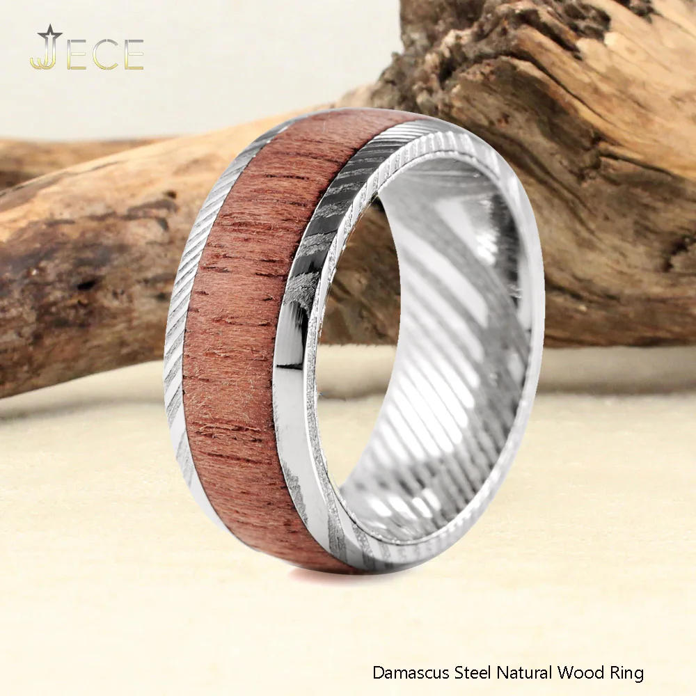 8MM Mens Real Damascus Steel Wedding Band With KOA Wood Inlay Classic Dome Engagement Anniversary Promise Ring For Men Women