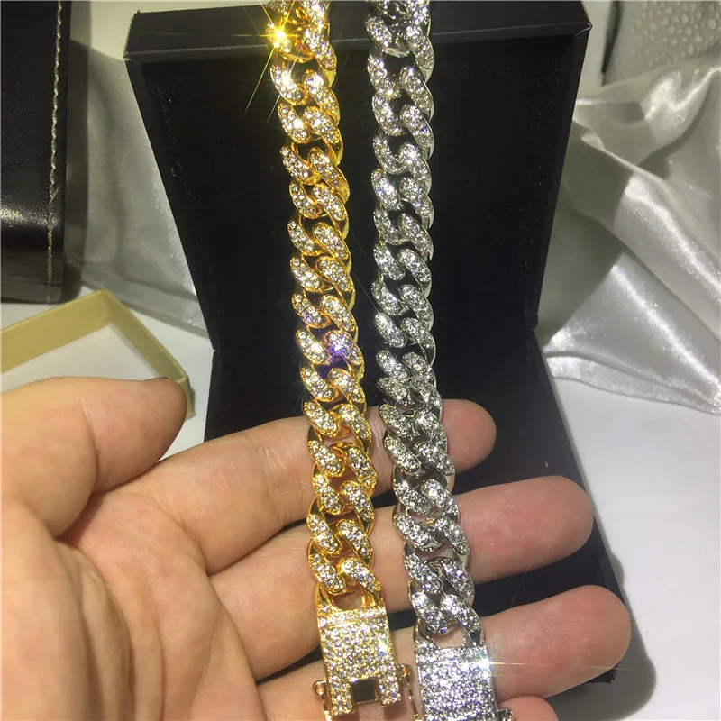 

Vecalon cuban Hiphop Bracelet Pave Crystal Cz White Yellow gold filled iced out Bracelets for women men Rock Party Jewelry