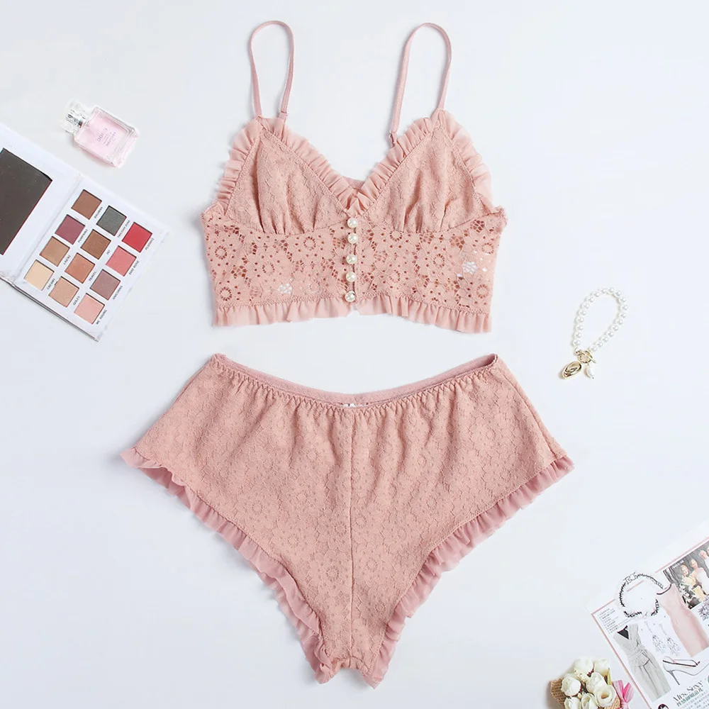 Lace Pajamas Set Ruffle Cami Crop Top With Shorts Sexy Lingerie Set Casual Loungewear Hot Nightwear