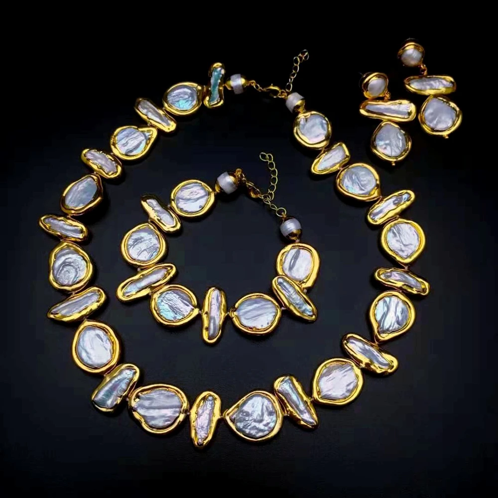 

Y·YING Luxury Freshwater Cultured White Biwa Pearl Coin Pearl Gold plated Necklace Bracelet Earrings Sets