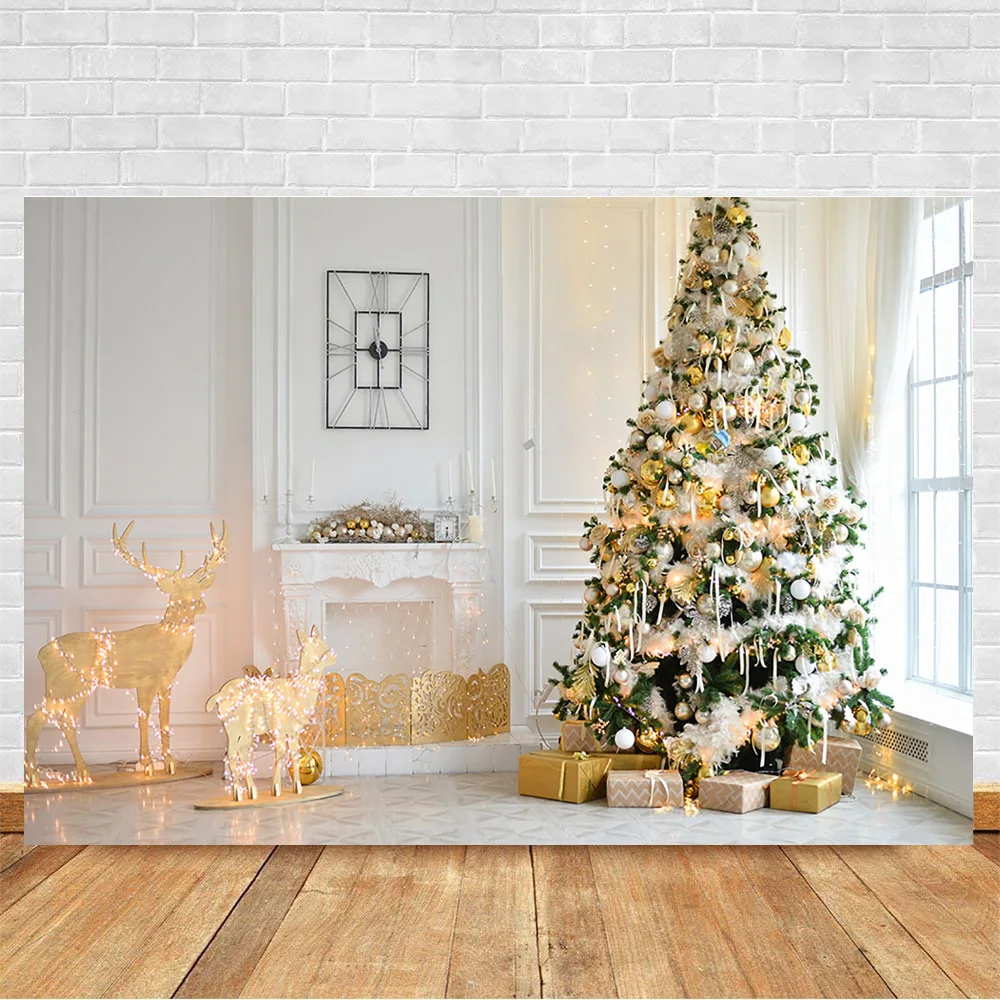 التصوير الفوتوغرافي عيد الميلاد غرفة المعيشة خلفية شجرة عيد الميلاد الأيائل الضوء الأبيض الطوب جدار صورة خلفية هدية نافذة الأسرة فيديو الدعائم