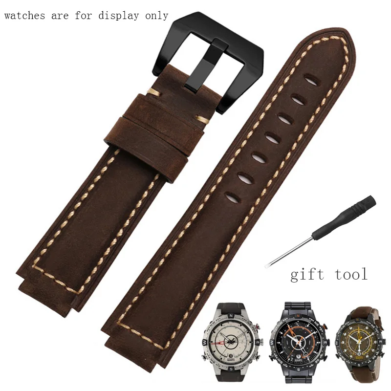 Yopo Leather Watchband 24x16mm Black Brown Strap Pin Buckle Suitable For Timex T2N720/721/TW2T76500/6300 Men\'s Silicone Bracelet