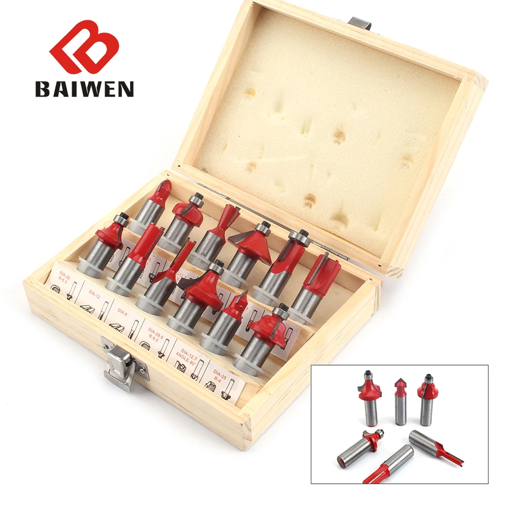 12 pçs 12.7/6.35mm shank fresa conjunto de carboneto roteador bit aparar carpintaria bits para afiação de madeira ferramentas manuais kit