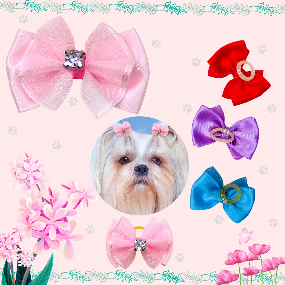 20pcs Handmade Pet Dog Hair Bows Rhinestone Variety Lace Ribbon Dog Bow Dogs Grooming Bows Accessories Pet Hair Supplies