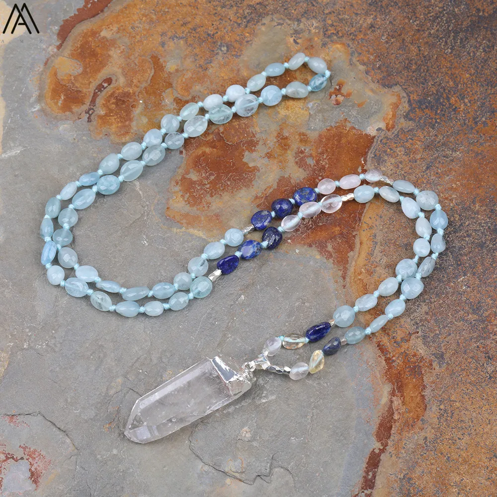 Natürliche Blau Apatit Nugget Chip Perlen Handmade Knot Halskette Frauen Weiß Quarz Punkt Perlen Yoga Halskette Lange 32 Zoll – Detail 16
