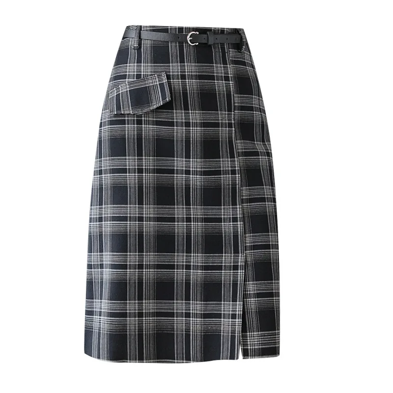 Autumn Winter High Waist Fashion Slimming Long cotton Plaid Warm Skirts Womens Split Sexy Vintage Wrap Gray Skirt Girl School