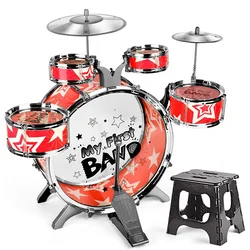 Large Kids' Simulation Drum Toy Drum  Music Jazz Drum Play Set  Percussion Toy With Portable Chair For Toddlers 1-3 Age 3+