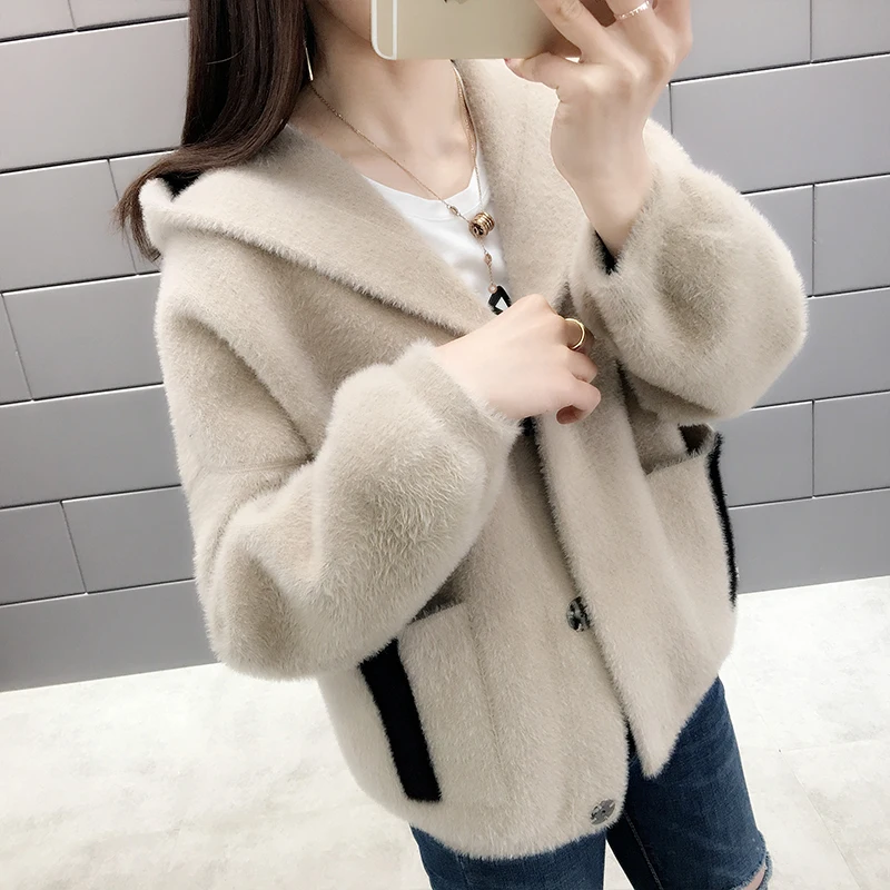 Women's Swearter Cardigan 2023new Spring Female Imitation Mink Velvet Sweater Hooded Student Casual Jacket Stilysh Knited Coat