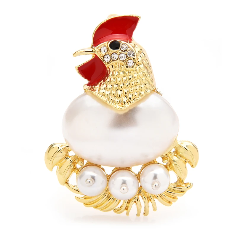 Wuli&baby Cute Pearl Chicken And Eggs Brooches For Women Lady Enamel Hen Animal Party Casual Brooch Pin Gifts