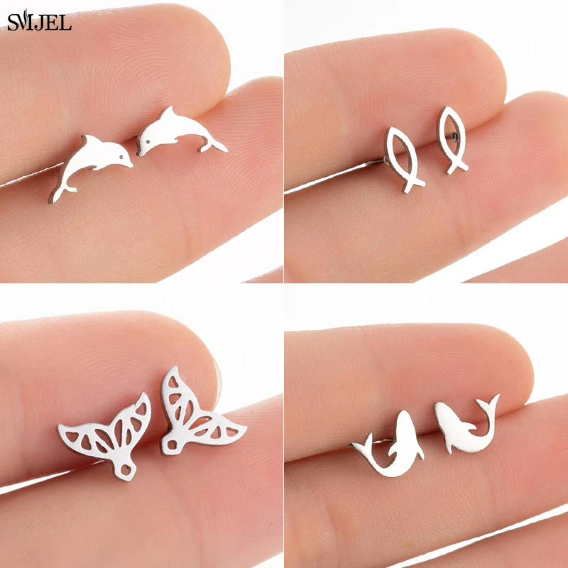 Cute Stainless Steel Fish Earrings For Women Girl's Vintage Gold Color Animal Shark Dolphin Fish Tail Earring Jewelry Gift