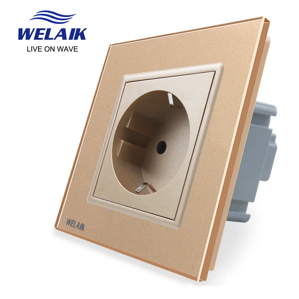 WELAIK EU 16A Crystal Glass Panel Wall Socket 80*80mm Gold Standard Power Socket Wall Power Socket  250V  A18EG