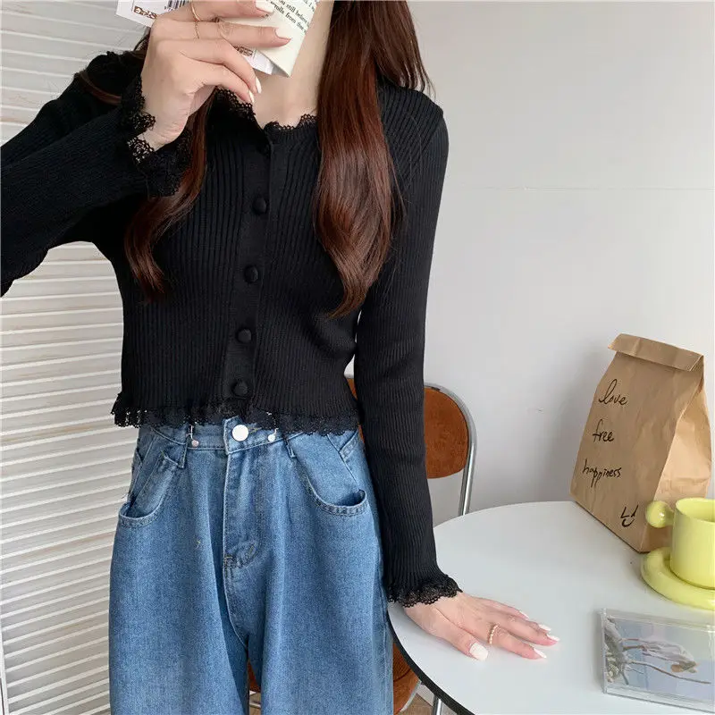 Solid Lovely Women Casual Fashion Sweater Buttons Up Rib Knitted O Neck Ropa Mujer Long Sleeve Basic Cardigan Harajuku Lace Top