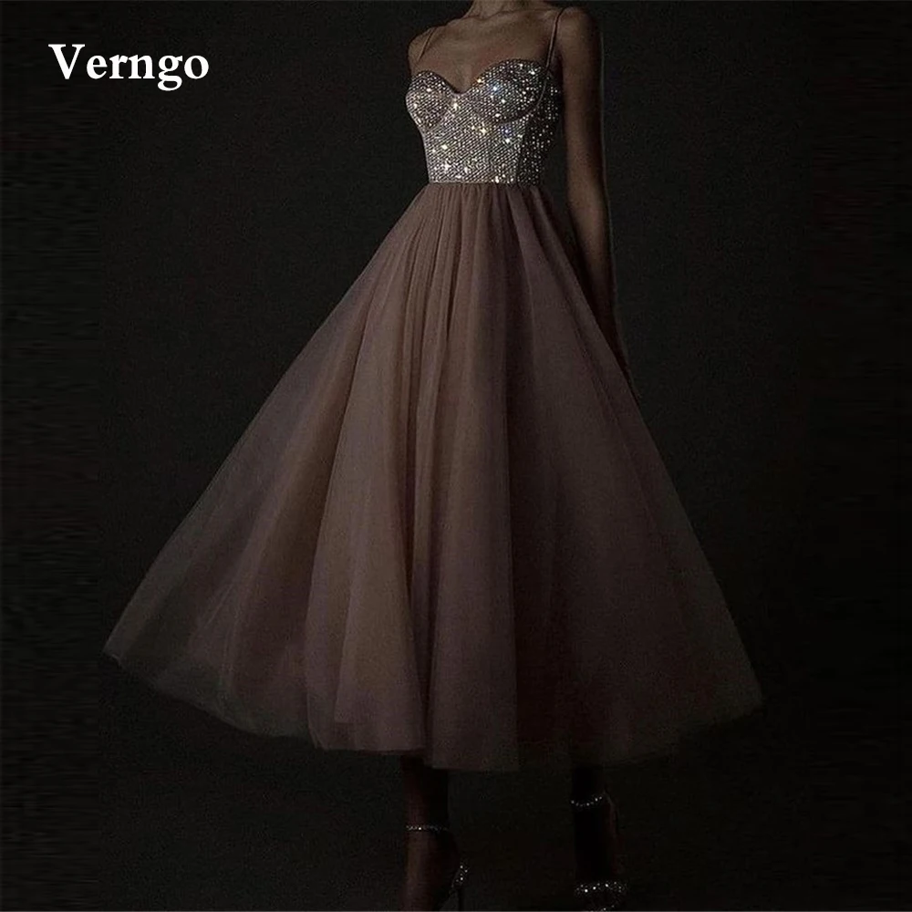 

Verngo Sparkly Dusty Pink Tulle Evening Dresses Spaghetti Straps Midi Prom Dress Women Party Occasion Dress Different Style