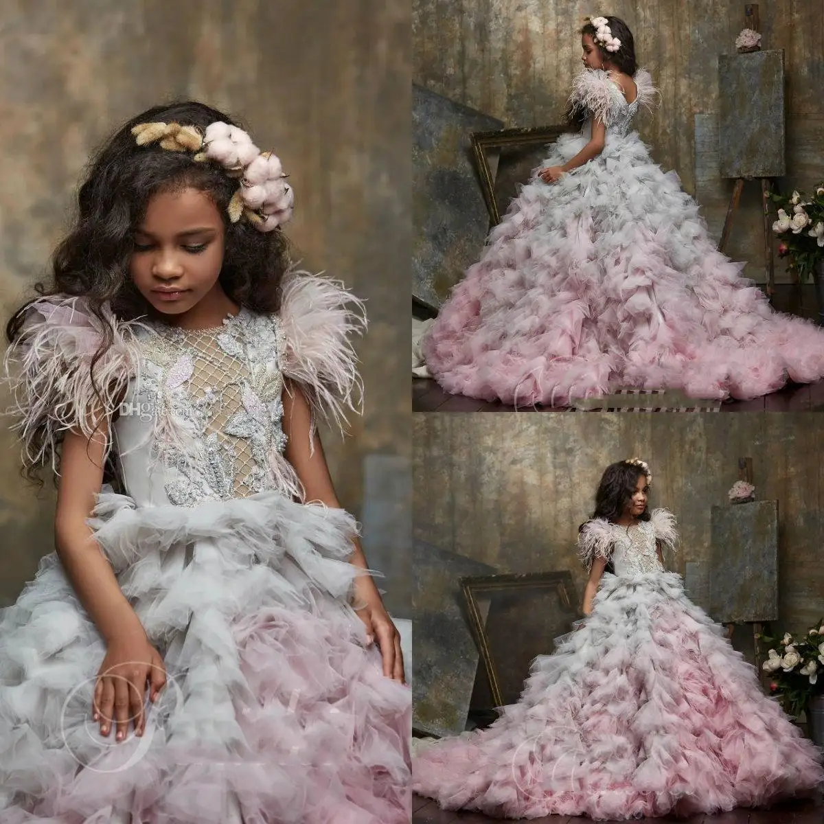 

Cute Flower Girl Dresses Jewel Neck Appliqued Beaded Feather Girl Pageant Gown Cascading Ruffle Sweep Train Custom Made