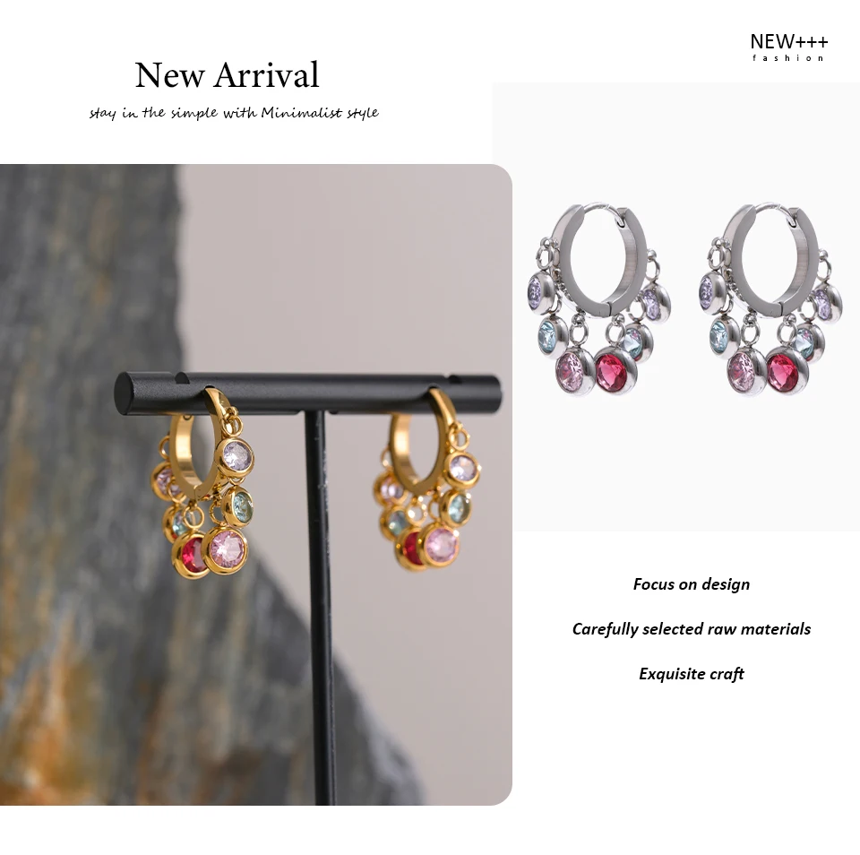 Yhpup Edelstahl Bunte Zirkonia Creolen für Frauen Exquisite Mode Metall Textur Geometrische Ohrringe Geschenk – Detail 9