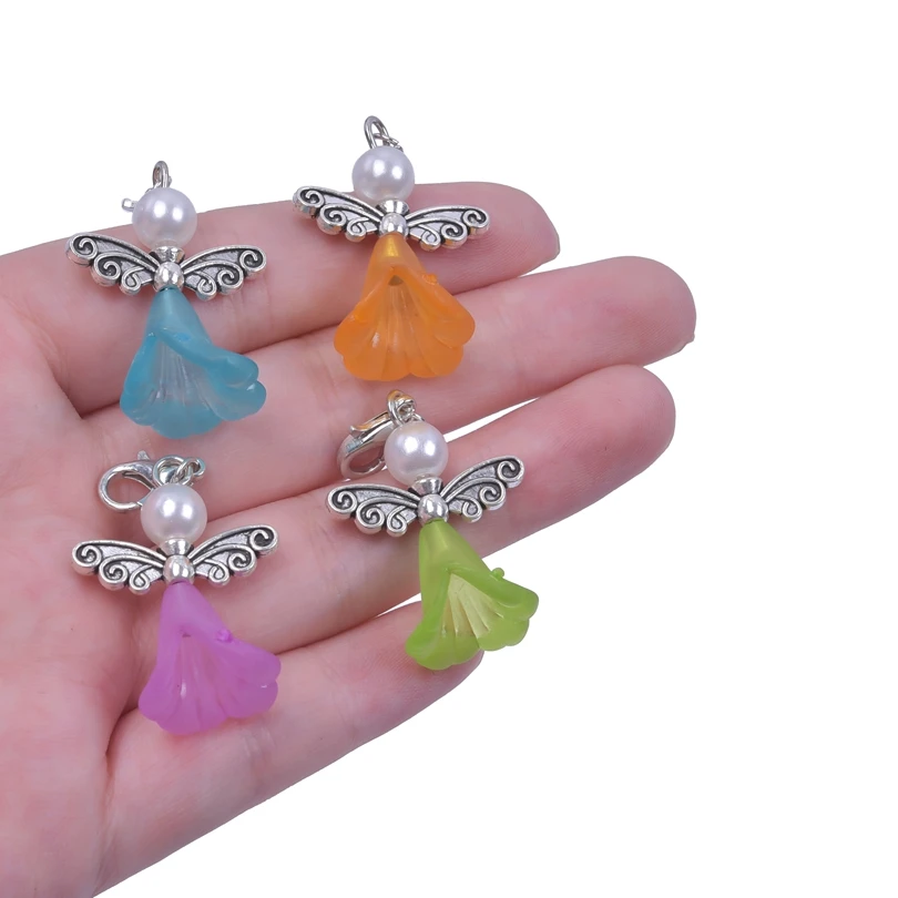 10pcs Angel Wings Charms For Jewelry Making DIY Keychain Resin Flower Fashion Pendant Mixed Colorful Accessories Lobster Clasp