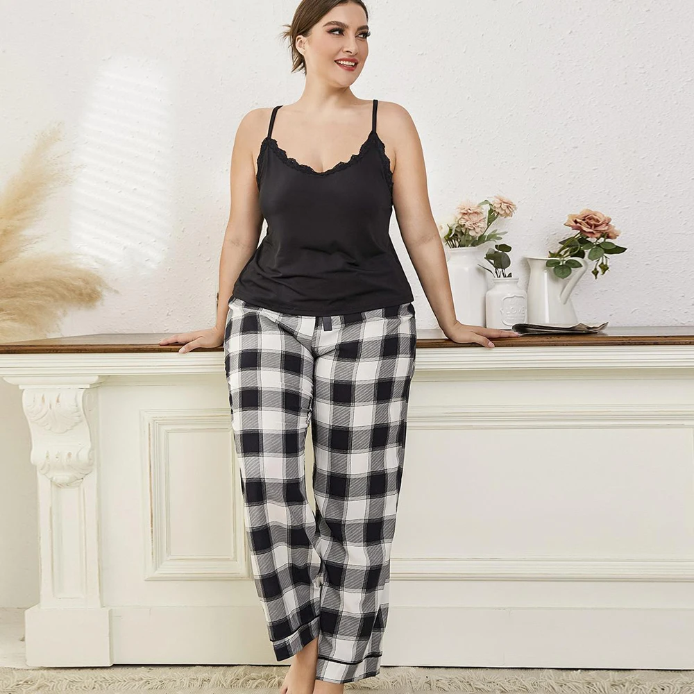 Black Sexy Nightwear Vest Top Plus Size Pajamas Plaid Women's Home Clothes America Female 2 Piece Sets Long Pants Nightie Sleep