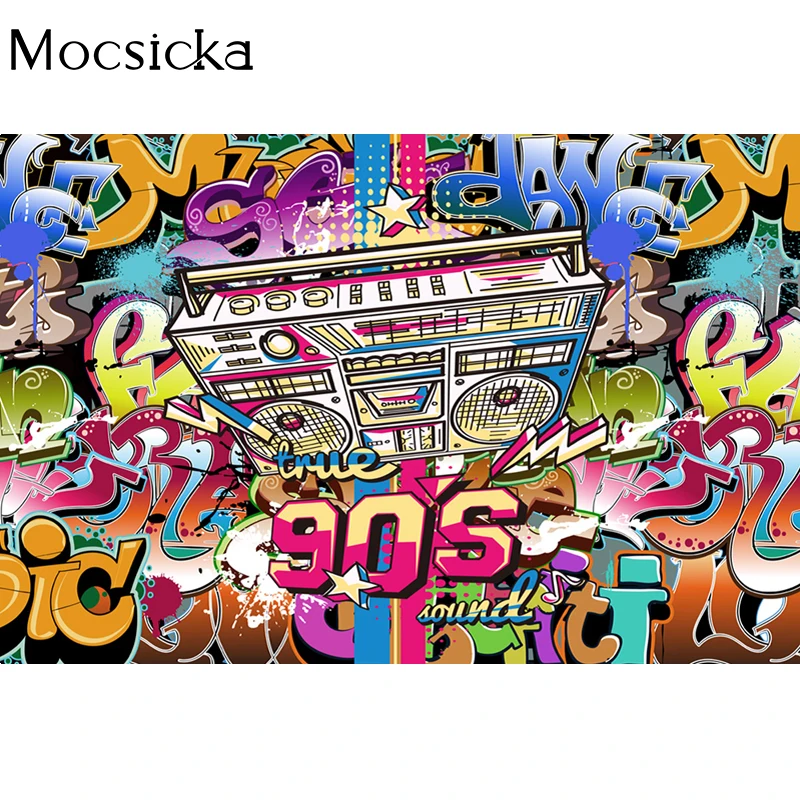 Fondo de cumpleaños con tema de los 80 y 90, fondo de fotografía Hi Pop de los años 90, música, Graffiti, pared, cartel para fiesta de cumpleaños