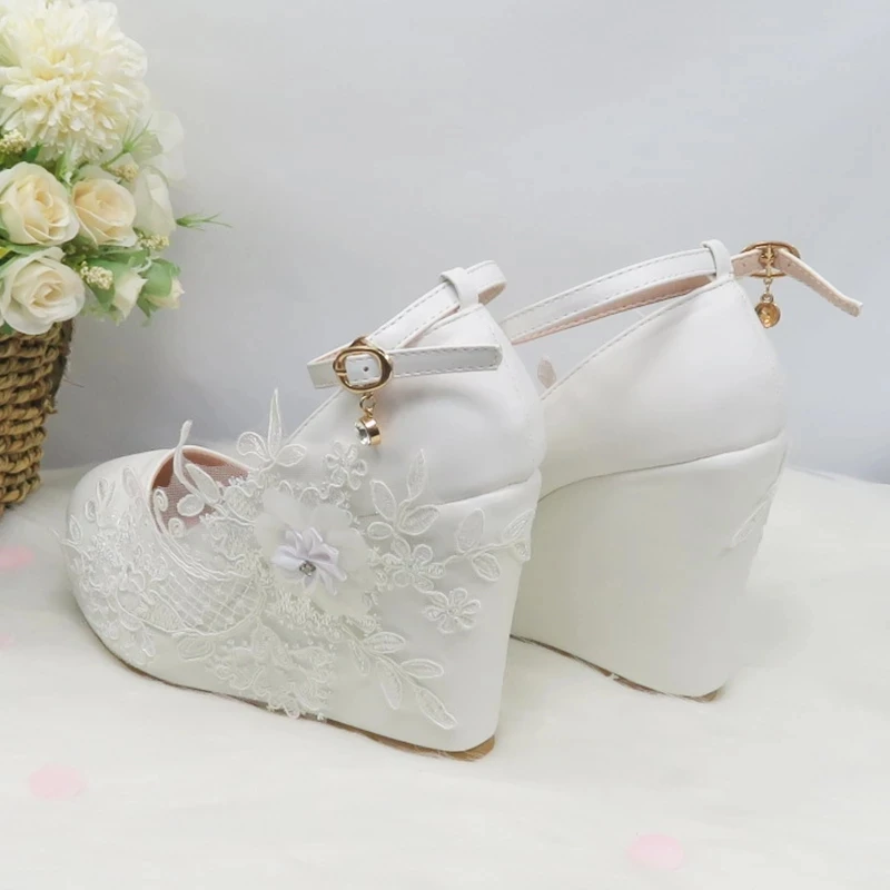 New Women White Flower Bride Wedding Shoes Party Dress Shoe Ladies Round Toe High Heel Pump Princess shoe Handmade customization