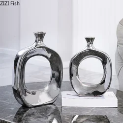 Modern Ceramic Vase Hollow Out Silver Flower Arrangement Accessories Golden Flower Vase Home Decoration Wedding Accessories