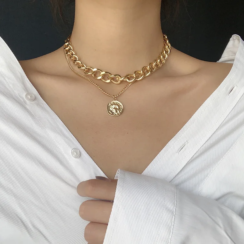 2020 Hiphop Multi Chains Chokers Necklaces for Women Vintage Coin Pendant Necklace Fashion Punk Jewelry Chain Statement Necklace