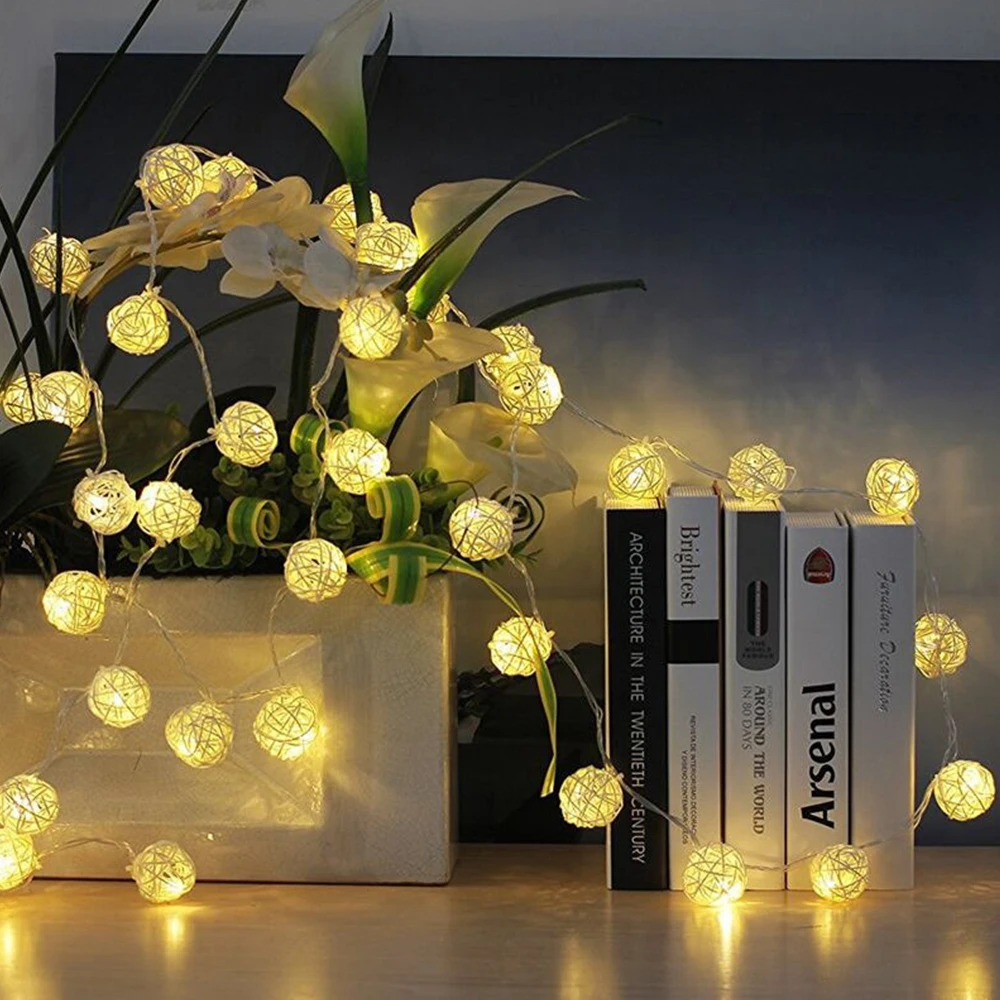 10/20/40Leds ลูกบอลหวาย String ไฟแบตเตอรี่ดำเนินการ Cotton Ball Garland สำหรับงานแต่งงาน Christmas Party ตกแต่ง Patio