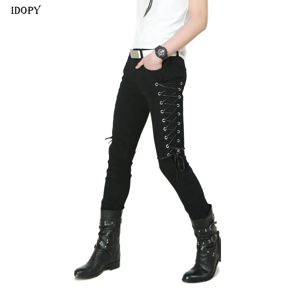 Idopy Fashion Slim Fit Pants Steampunk Black Patchwork Leather Lace Up Dance Night Club Gothic Button Jeans Trouser For Men