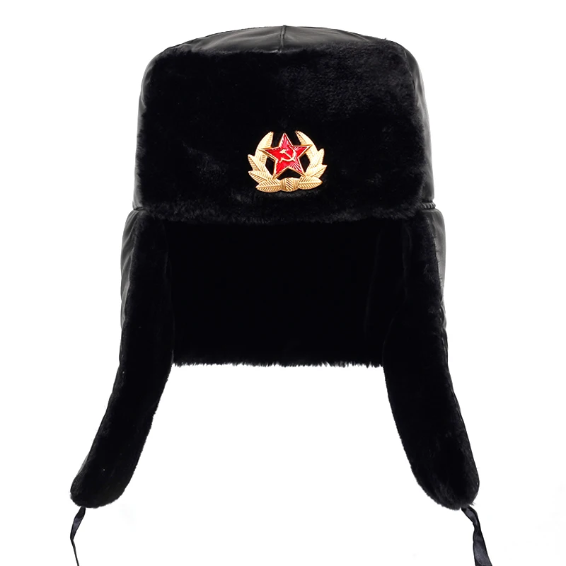 Soviet Army Military Badge Russia Bomber Hats Pilot Trapper trooper Hat Winter Faux Rabbit Fur Earflap Men Snow Caps