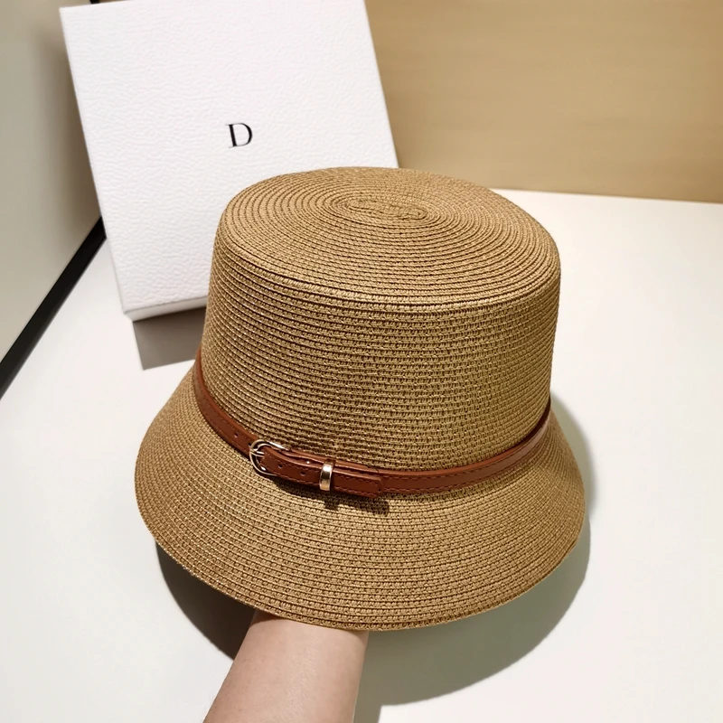 Women\'s Summer Bucket Hat Belt Decoration UV Protection Sun Cap Female Flat Top Beach Hat Sun Hats Straw Hat Derby Travel