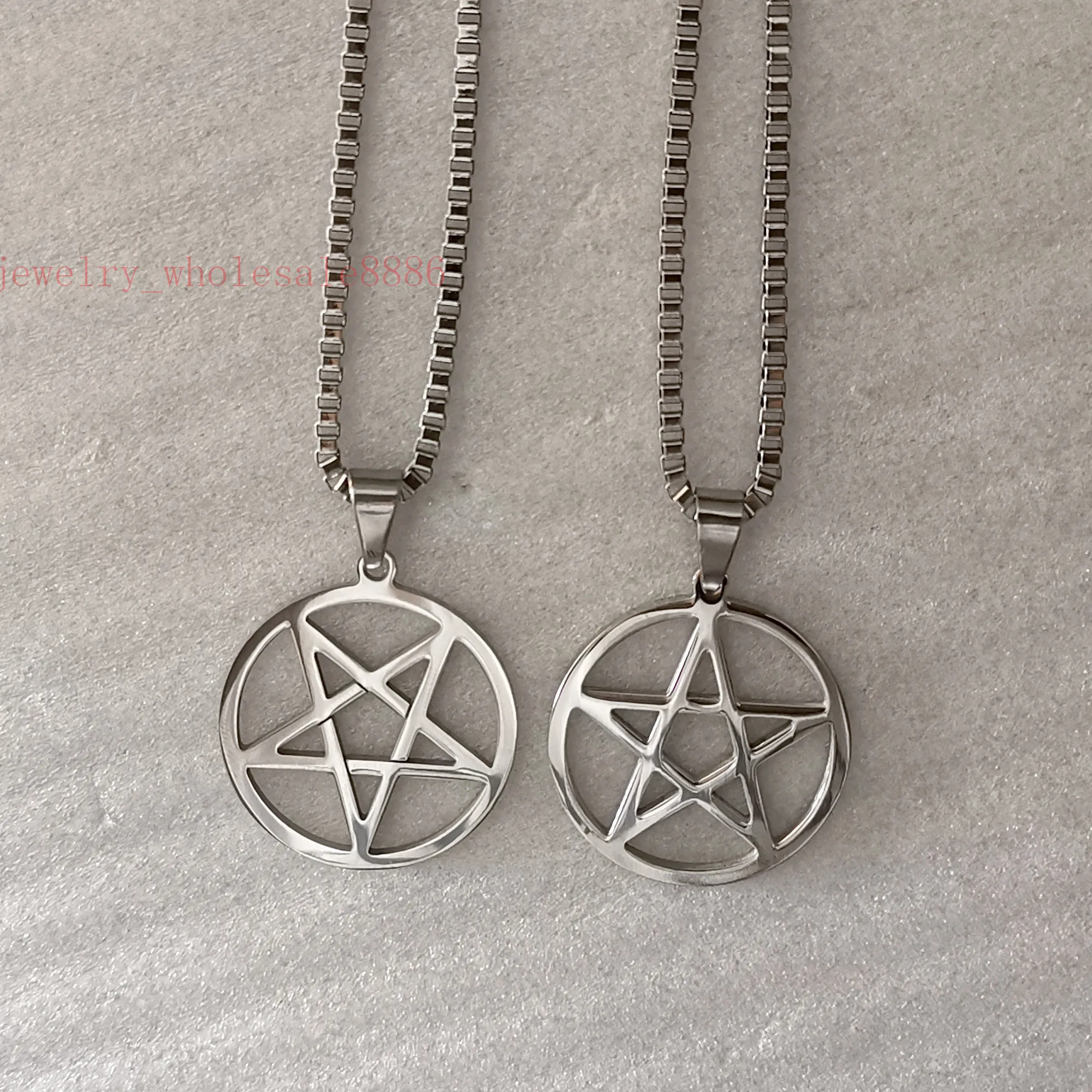 Men Pagan Wicca Inverted Star Pentagram Stainless Steel Pendant Necklace box Chain 2.4mm 24\'\'