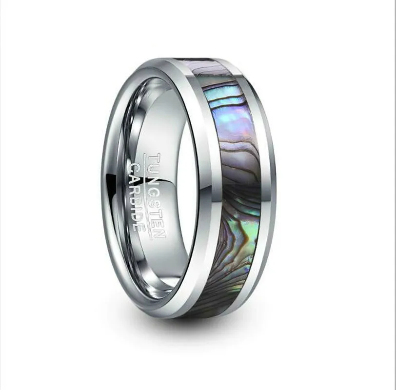 8mm Wide Steel Color Wedding Band Tungsten Carbide Ring Inlaid Abalone Shell Tungsten Steel Ring Men's Ring Male Anillos